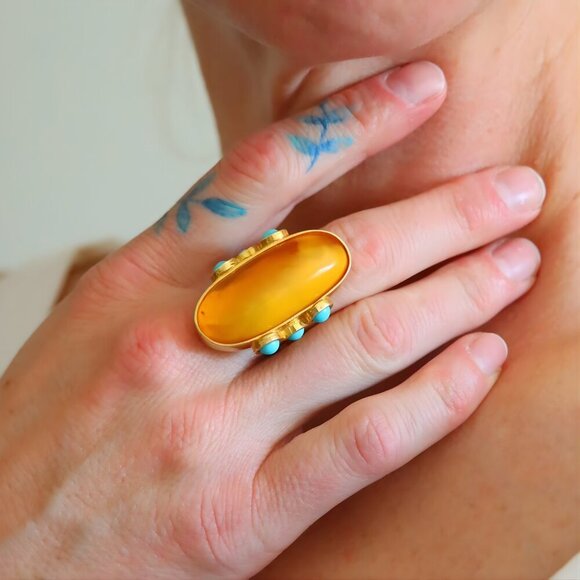 Jūratė Amber Jewelry - Baltic Amber and Turquoise Gold Ring- 14k Gold Plated Sterling Silver